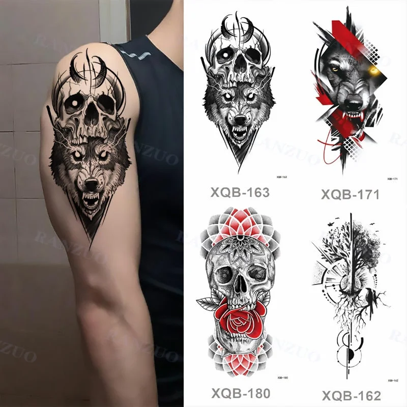 SDRAWING Large Waterproof Temporary Tattoo Sticker Rose Peony Butterfly Wolf Skull Body Art Black Arm Tattoo Man Woman Fake Tattoo