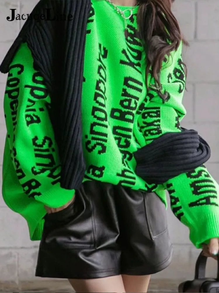 Jacuqeline 2022 Letter Knitted Oversize Women Dress Sweater Y2K Fashion O Neck Long Sleeve Mini Party Dresses  Autumn Winter