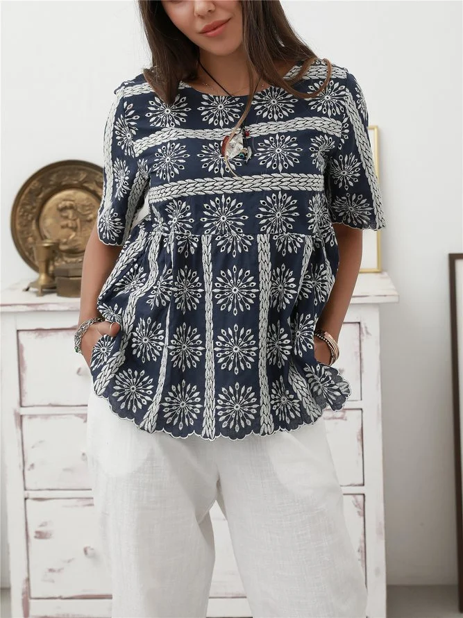 Royal Blue Cotton Embellished Cutout Short Sleeve Shirts & Tops