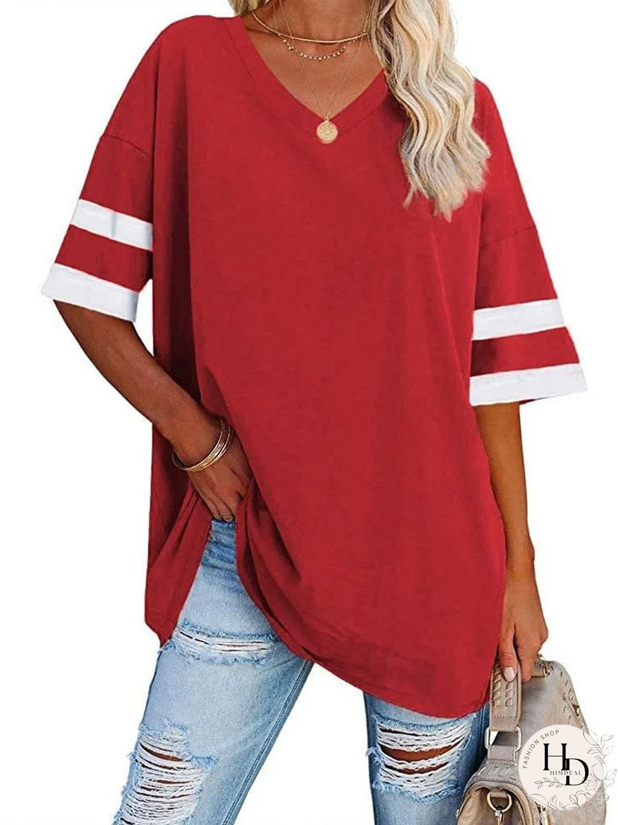 V Neck T-Shirt with Contrast Stripes