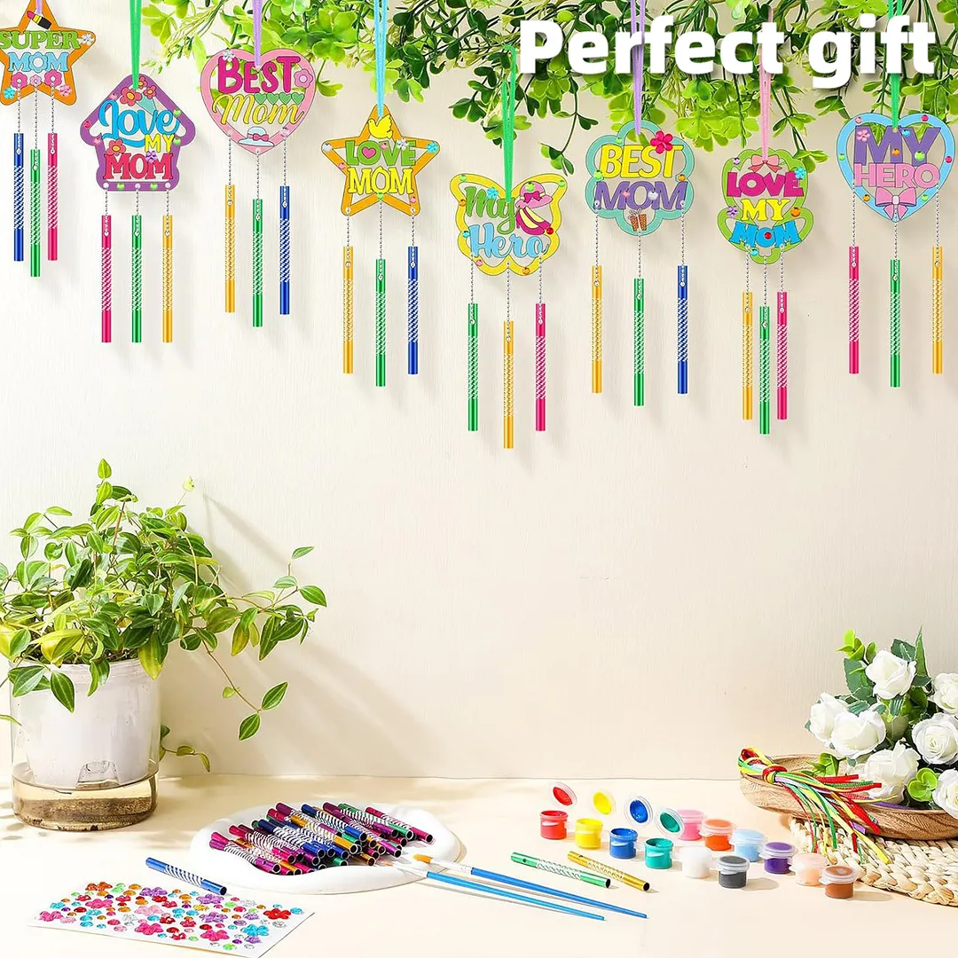 Mothers Day DIY Oil Painting Wind Chimes Wood  Chime Ornament Drawing Spring Craft Pendants for Beginners Adults Gift Home Wall Decor (Wind Chimes A)