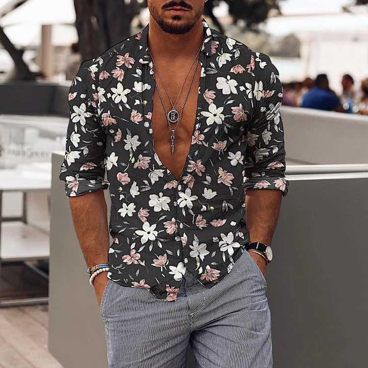 Men's Holiday Floral Print Long-sleeved Shirt