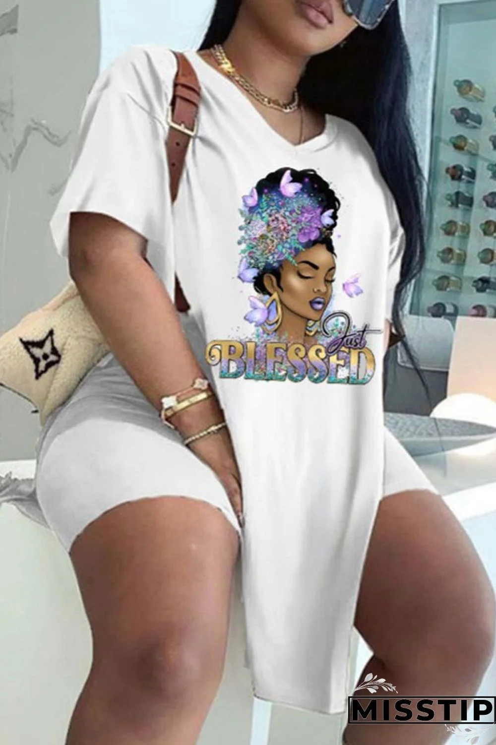 Black White Casual Print Patchwork V Neck Plus Size Two Pieces