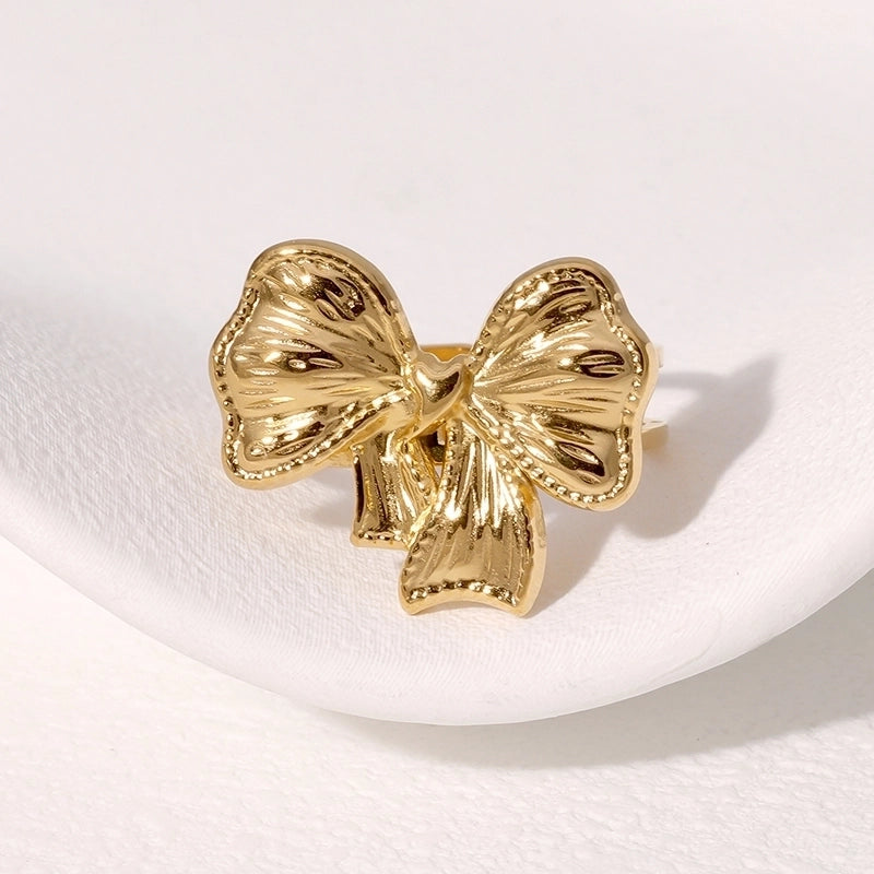 Cute Sweet Minimalist Bow Knot 304 Stainless Steel 18K Gold Plated Open Rings