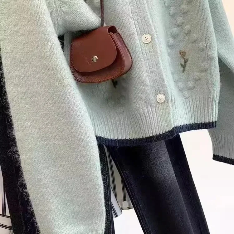 Athvotar Athvotar Sweet Embroidery Flowers Soft Sticky Cardigan Women Autumn And Winter New Loose Temperament Sweater Small Fragrant Wind