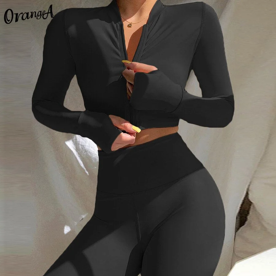 OrangeA Summer Women Tracksuit Fitness Skinny Casual 2Piece Set Long Sleeve Zipper Crop Tops+Sporty Leggings Matching Streetwear