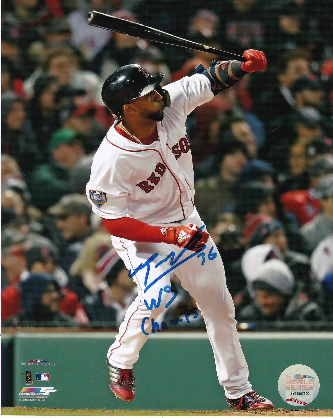 EDUARDO NUNEZ BOSTON RED SOX 2018 WS CHAMPS ACTION SIGNED 8x10