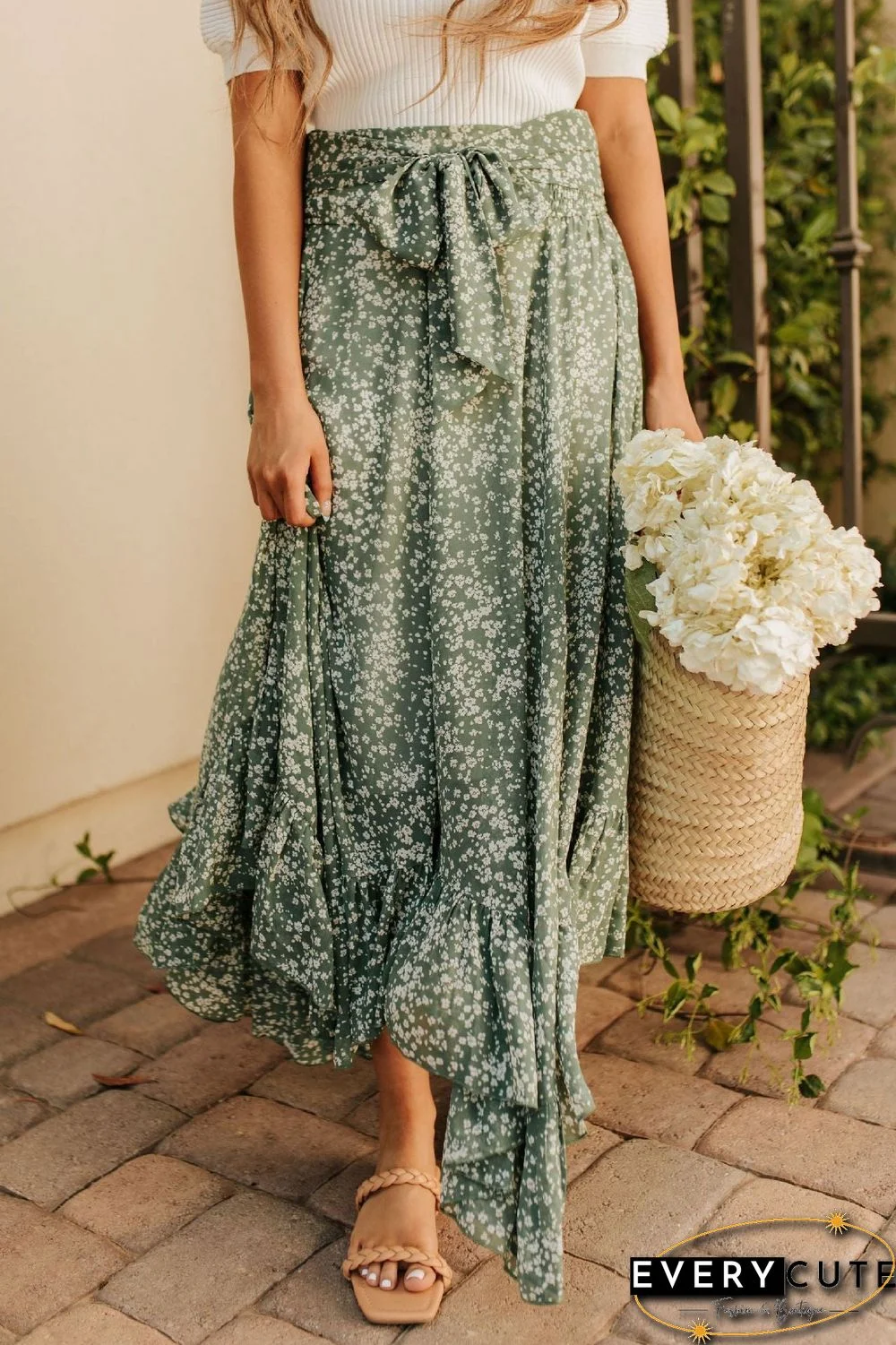 Floral Asymmetric Flounce Belted Maxi Skirt