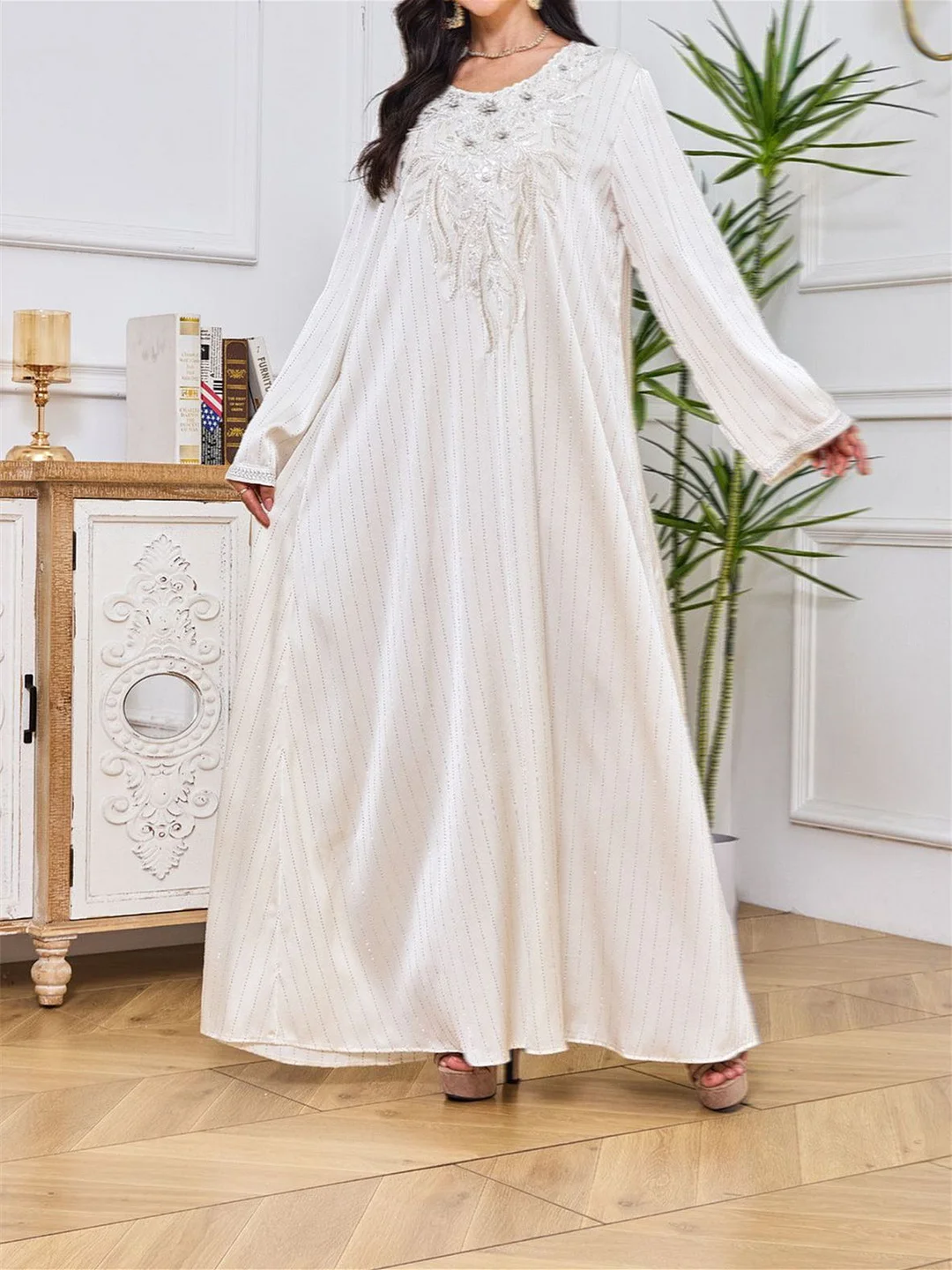 Women's Long Sleeve Scoop Neck Sequins Floral Printed Lace Stitching Maxi Dress