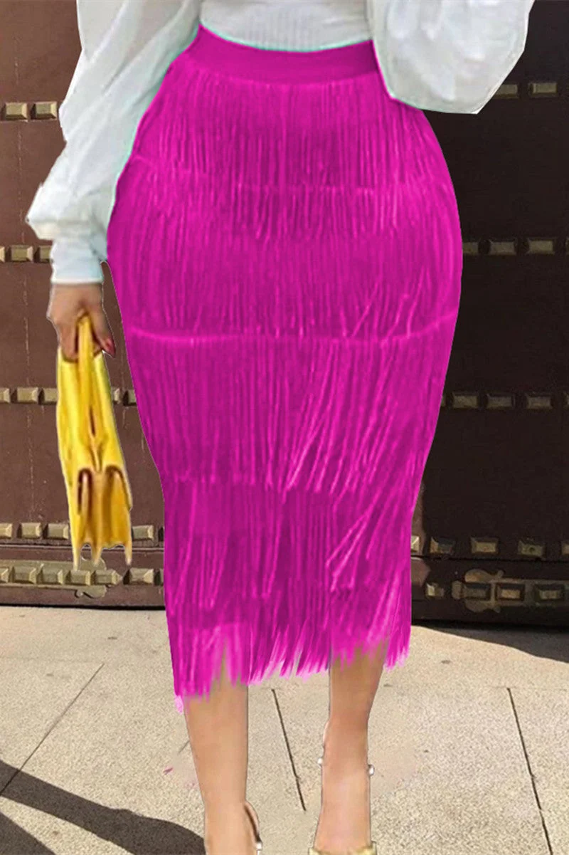 Fashion Solid Tassel Patchwork Regular High Waist Straight Solid Color Bottoms
