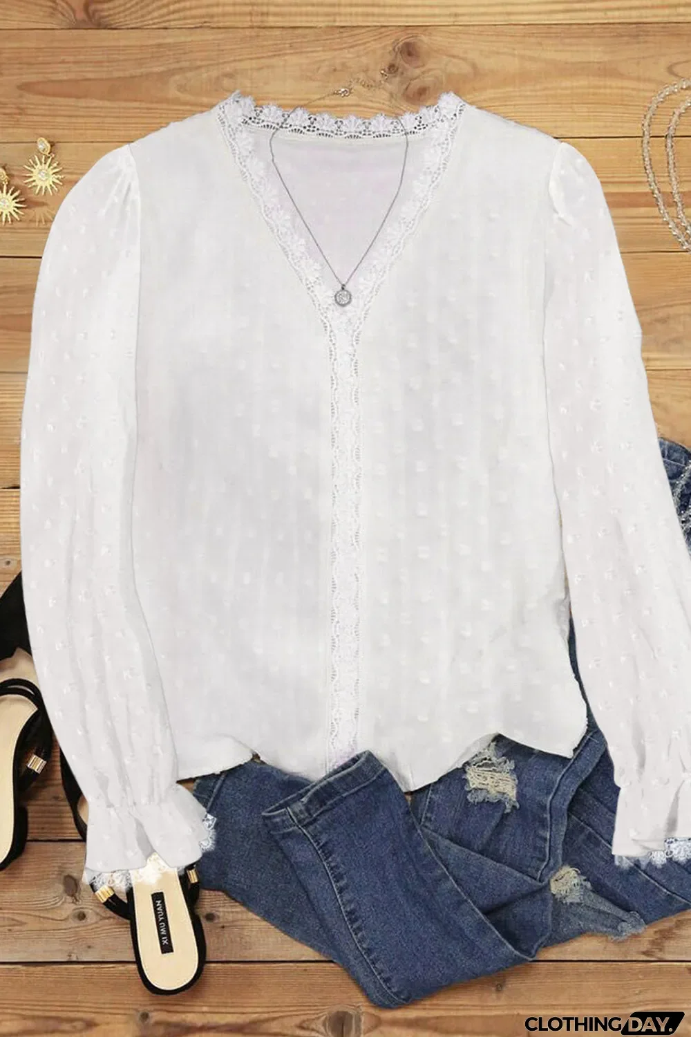 Elegant V-Neck Swiss Dot Lace Blouse