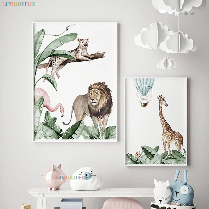 Cartoon Tropical Rainforest Animals Painting Elephant Giraffe Nordic Plant Wall Painitng Canvas Kids Baby Bedroom Decoration