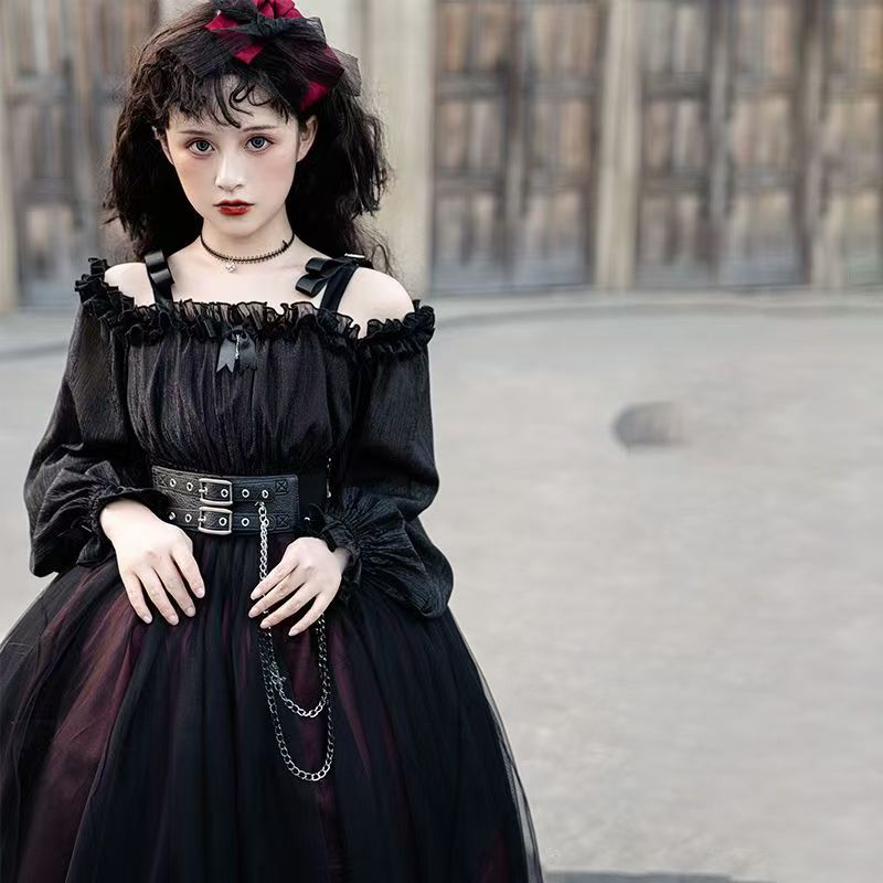 Gothic Black Burgundy Ruffle Bow Strapless Long Sleeve OP long Dress Lolita