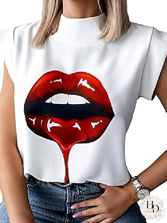 casual short sleeve t shirt elegant red lips stand neck tops blouse (red lips, x-large) for Women