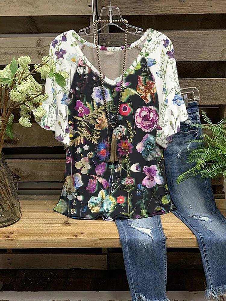 Women's Floral Print Casual V-neck Half-sleeve T-shirt