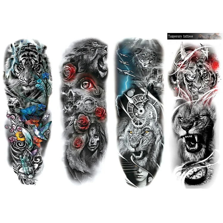 4 Sheets Lion Compass Tiger Full Arm Sleeves