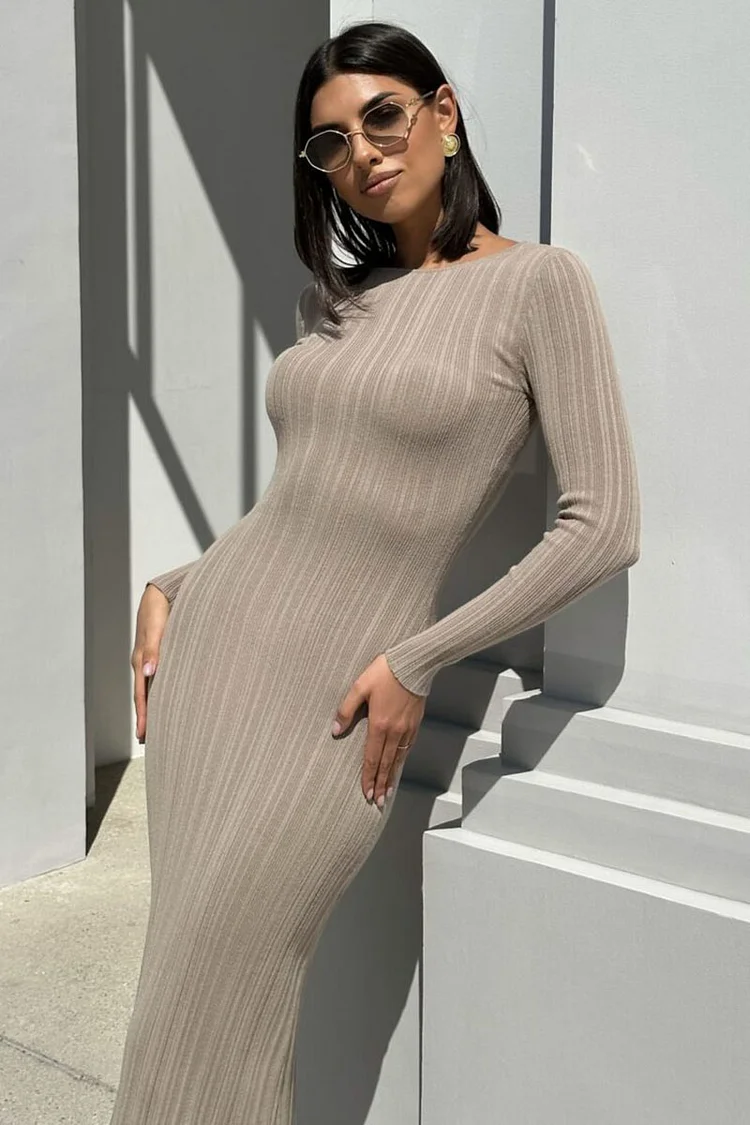 Pleated Knit Round Neck Long Sleeve Bodycon Maxi Dresses- Light Green
