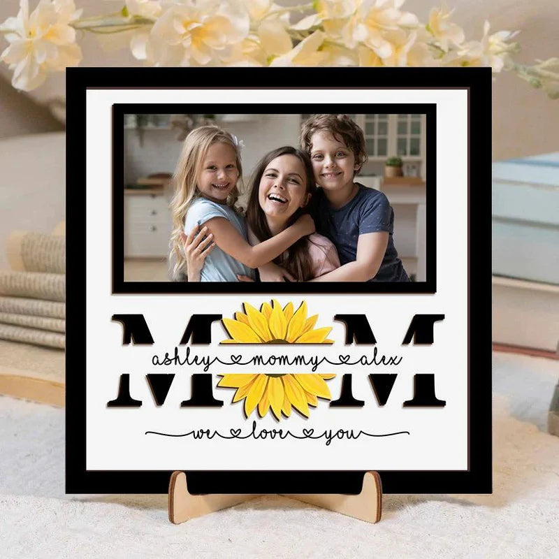 Loveyoufancy Personalized Family Photo Wooden Sign, Mom Flower Sign, Custom Kid Names Sign