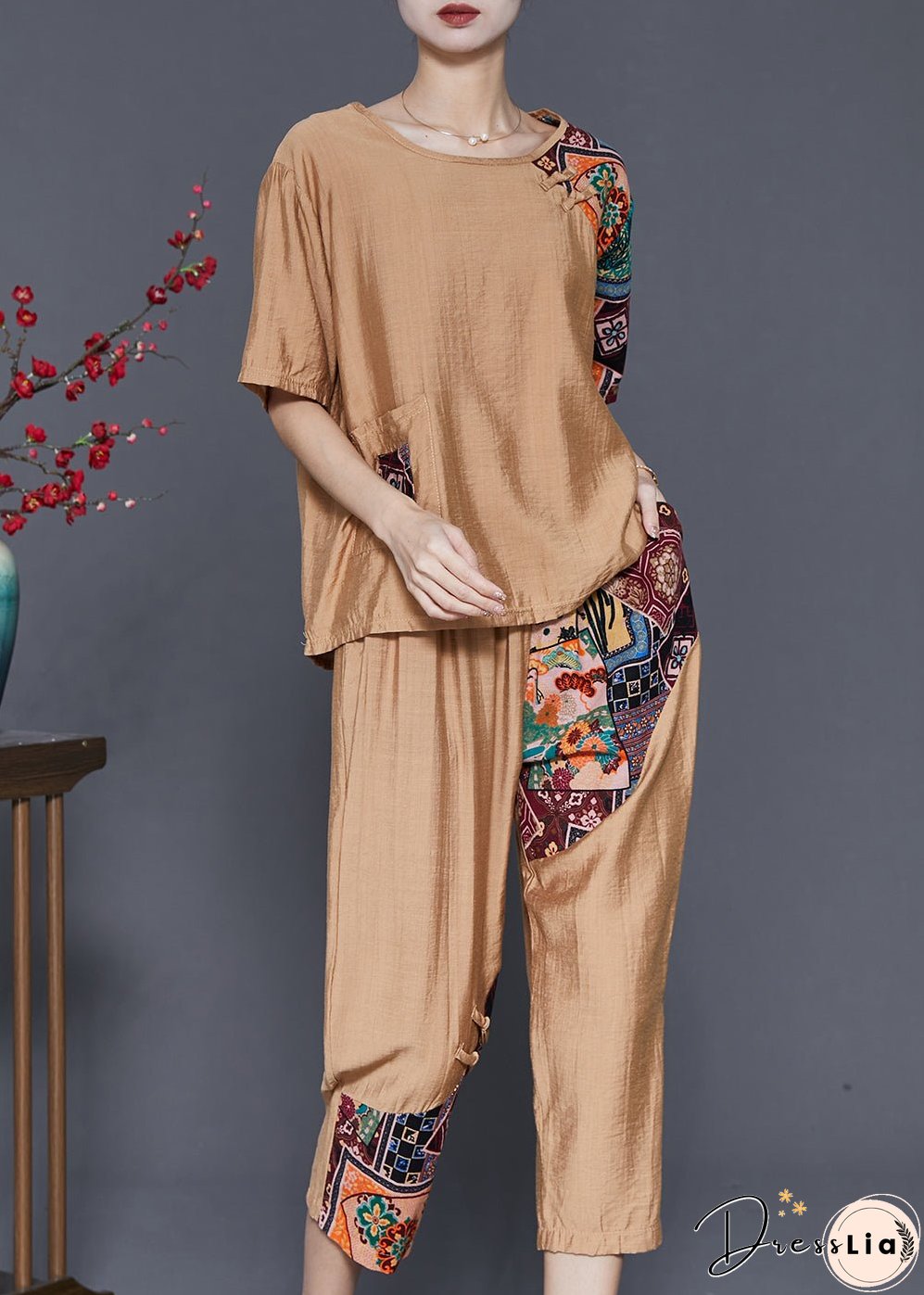 Khaki Patchwork Cotton 2 Piece Outfit Asymmetrical Summer