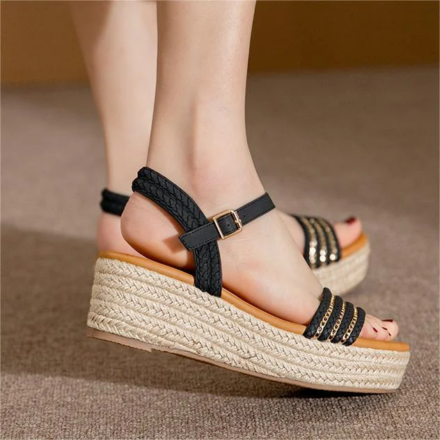 Summer Hemp Rope Grass Woven One Line Buckle Chain Pack Sponge Cake Sole Sandals  Stunahome.com