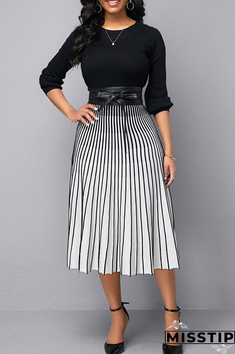 Black Casual Striped Print Patchwork O Neck A Line Dresses