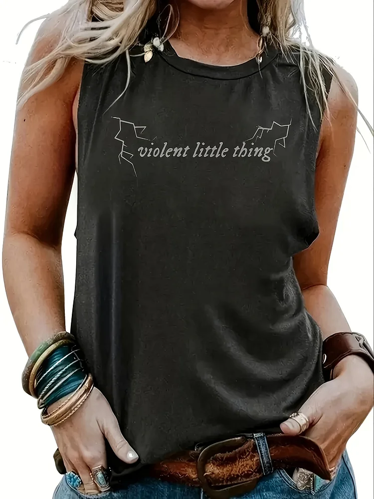 Women's Soft & Breathable Sleeveless Tank Top - "Violent Little Thing" Graphic Print, Navy Blue, Perfect For Beach Vacations, Summer Festivals & Casual Wear, Skinfriendly Fabric, Summer Tank To