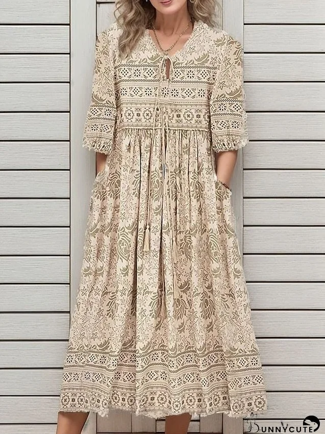 Casual Dress A Line Dress Summer Dress Floral Lace up Patchwork Shirt Collar Midi Dress Fashion Streetwear Outdoor Daily 3/4 Length Sleeve Loose Fit Khaki Summer Spring S M L XL XXL for Women