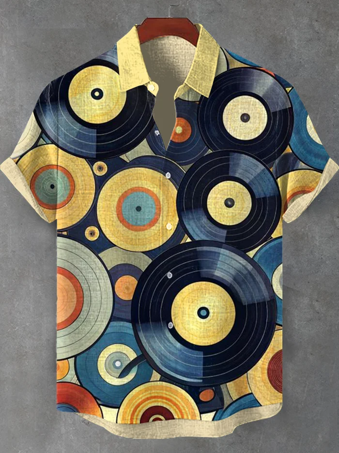 Men's Retro Vinyl Records Art Print Casual Shirt