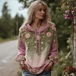 Vintage Bohemian Style Pink Rose Gradient Loose Casual Sweater - Image 2