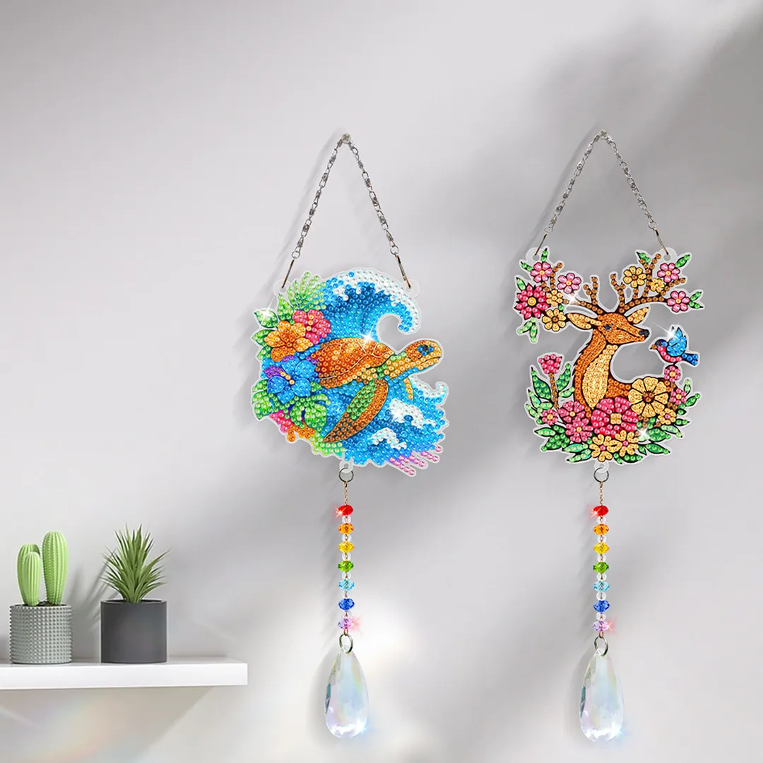2Pcs Sea Turtles and Elk DIY Double-Sided Diamond Painting Hanging Kits Diamond Painting Suncatcher Craft Kit for Home Garden Wall Decor Gift