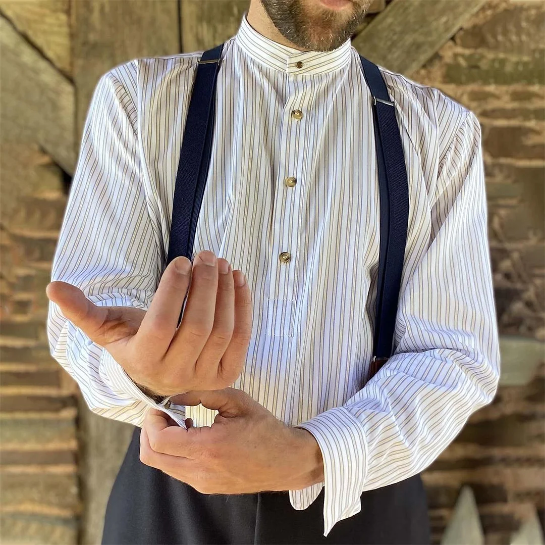 Collarless Shirt Vintage Stripe Long Sleeve Daily Tops White-inspireuse