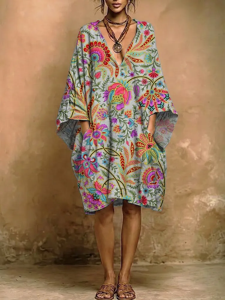 Women's Floral Print Casual Cotton-linen Dress