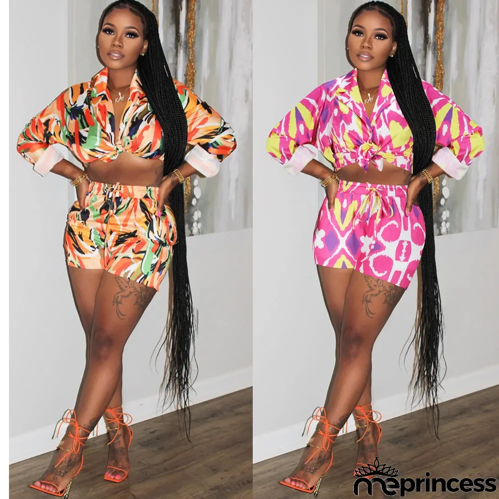 Spring/Summer Knotted Crop Print Turndown Collar Shirt Pants Suit Fall/Winter Women's Two Piece Set