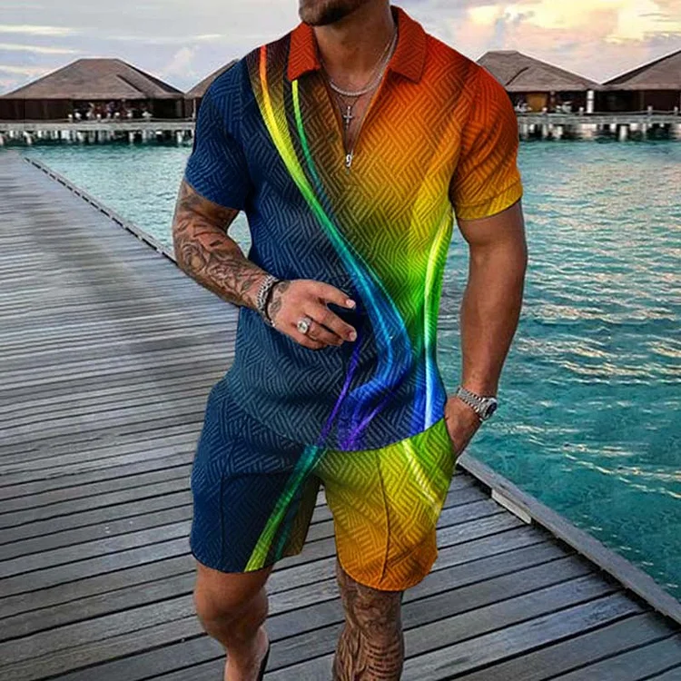 BrosWear Colorful Waves Waffle Short Sleeve Polo Shirt And Shorts Co-Ord
