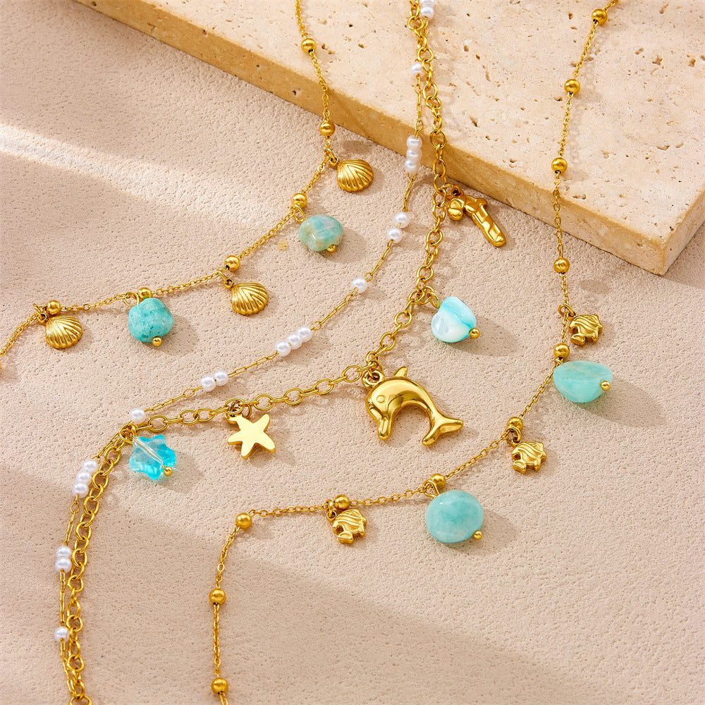 Fashion Beach Ocean Style Shell Dolphin Starfish Stacking Chain Double Layer Stainless Steel Anklet For Women