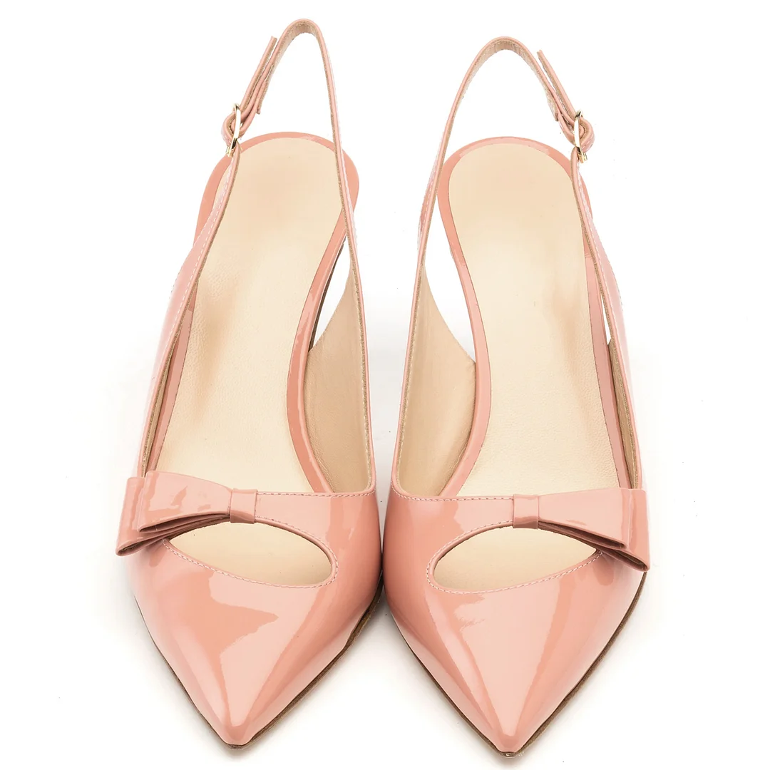 6.5cm /2.55 inch Pointed Toe Bows Slingback Buckle Pumps Kitten Patent Heels