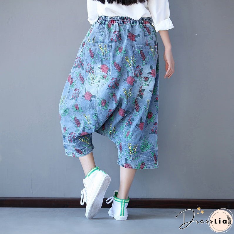 Retro Printed Loose Denim Pants
