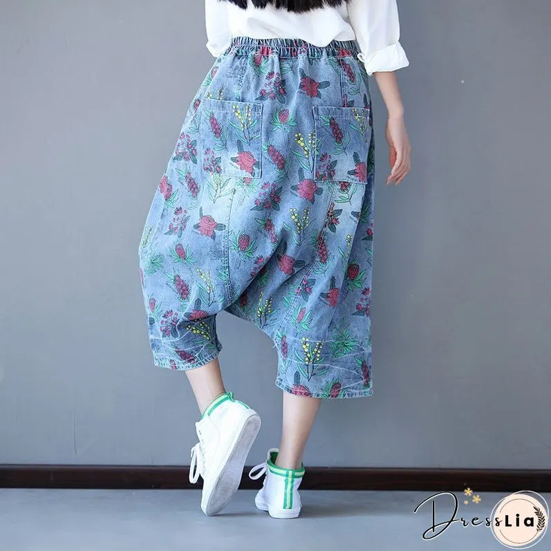 Retro Printed Loose Denim Pants
