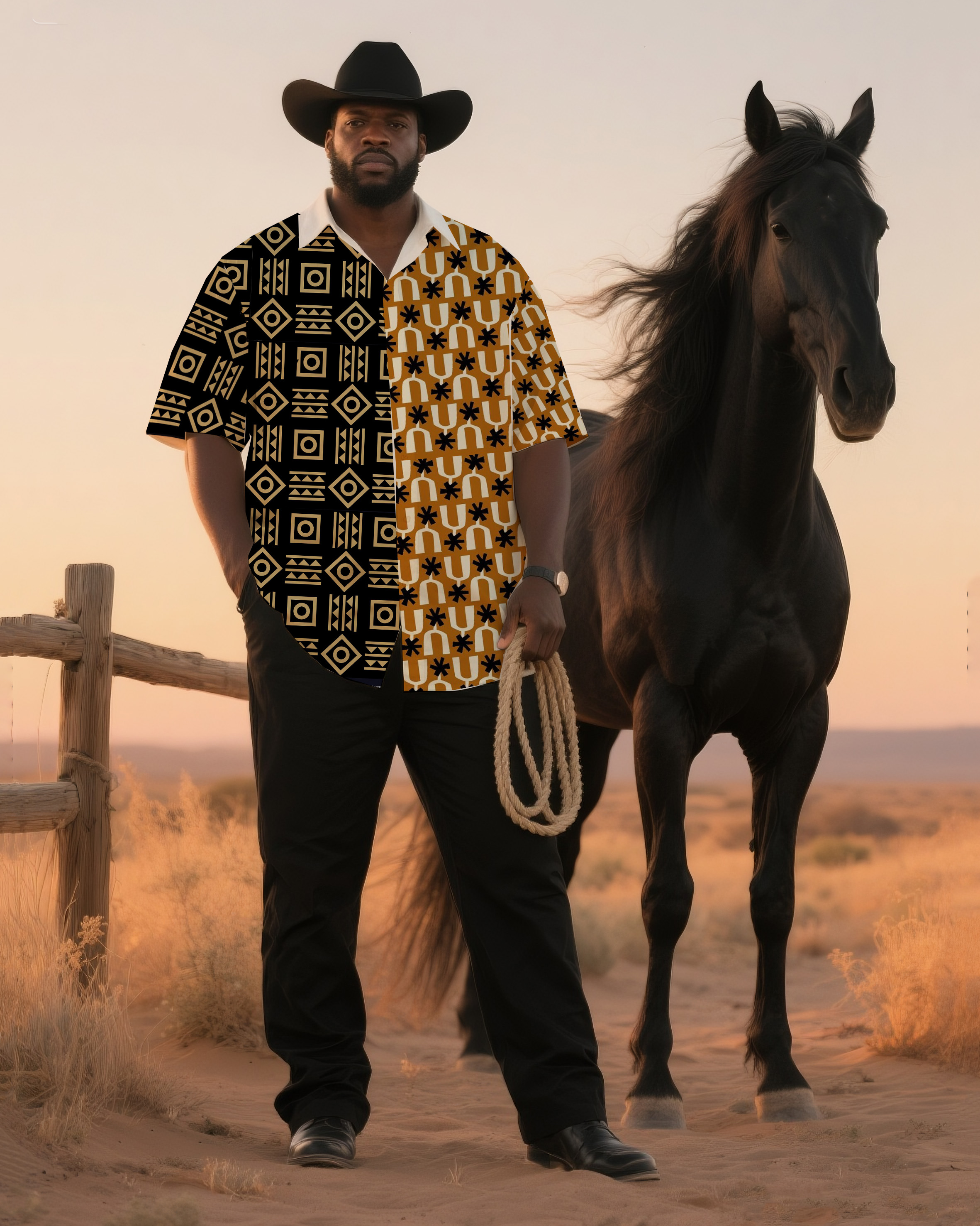 Big & Tall Men's Daily Leisure Western Style Ethnic Style Stitching-Short Sleeve Shirt And Pants Suit