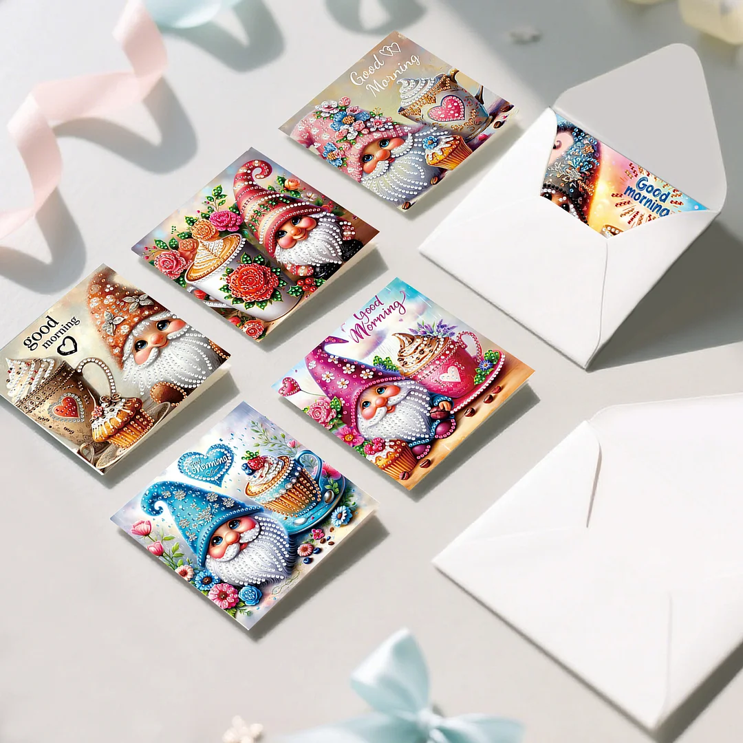 6pcs Good Morning Goblin DIY Diamond Painting Kit Greeting Card with Envelope Diamond Art Painting Greeting Cards for Family Friends Holiday Gift Congratulations