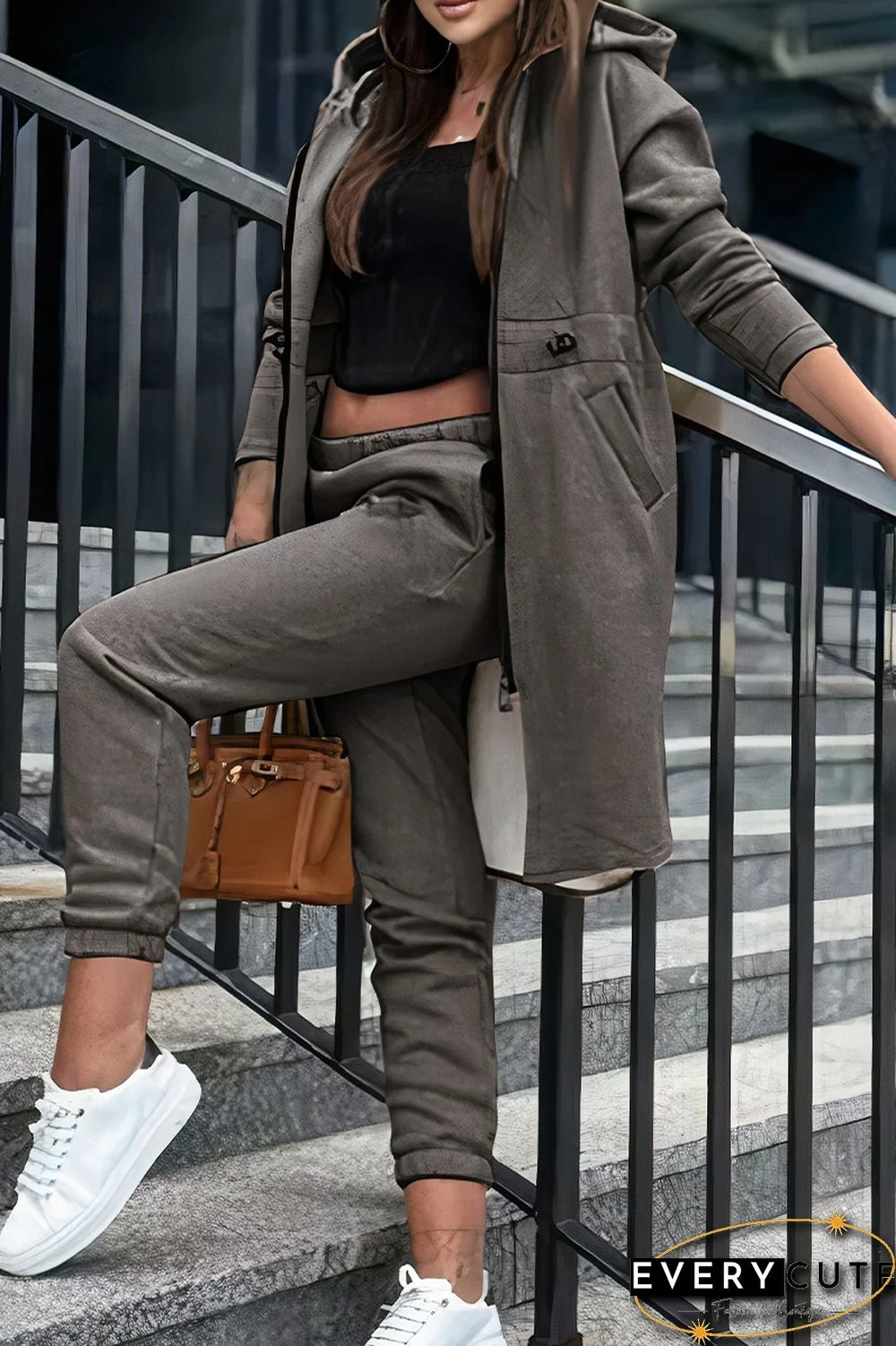 Split Zip Up Hooded Jacket & Slant Pocket Pants Set Without Crop Top