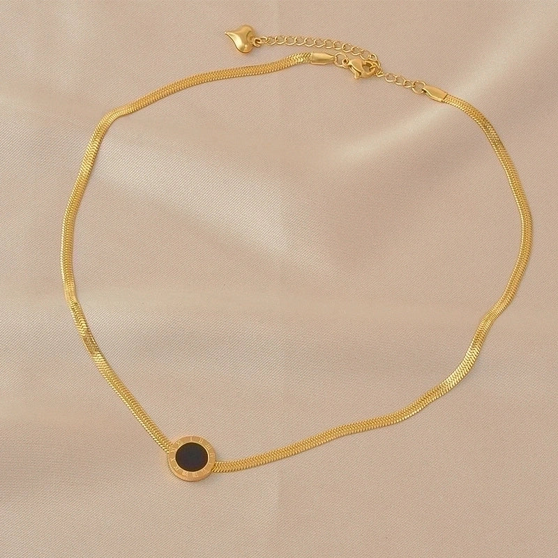 Sweet Minimalist Round Chinese Character Flower Titanium Steel Inlay Rhinestones Shell Pendant Necklace