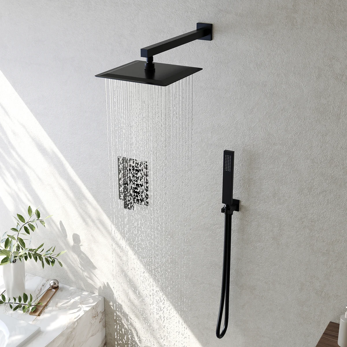 Collage of three rooms featuring the Lentz Widespread Bathroom Faucet in Matte Black, Ridgeway Kitchen Faucet in Brushed Gold, Catino Solid Surface Freestanding Tub