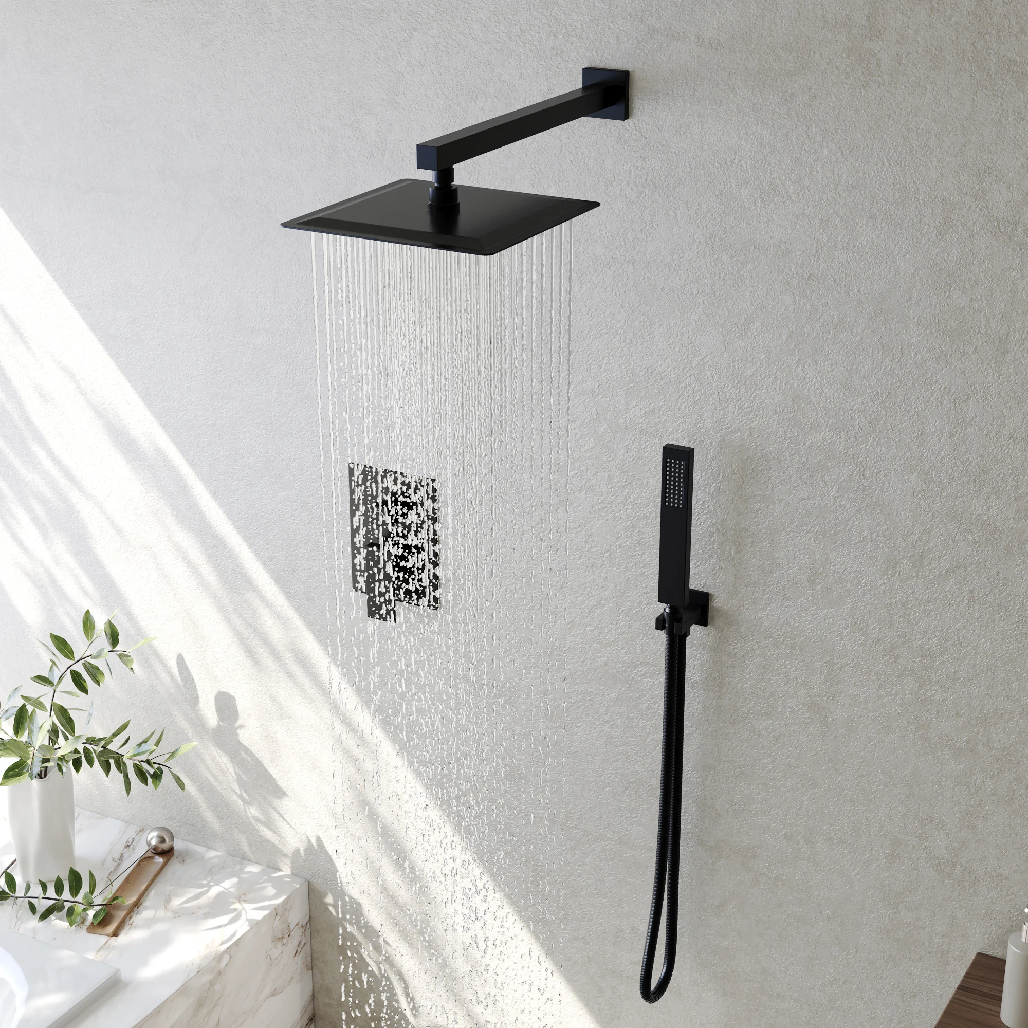 Collage of three rooms featuring the Lentz Widespread Bathroom Faucet in Matte Black, Ridgeway Kitchen Faucet in Brushed Gold, Catino Solid Surface Freestanding Tub