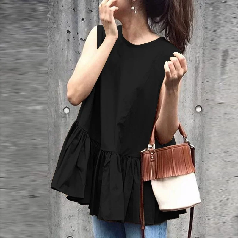 2022 ZANZEA Summer Fashion Sleeveless Blouse O Neck Ruffles Shirt Solid Baggy Vintage Tops Femme Blusa Lace Up Chemise