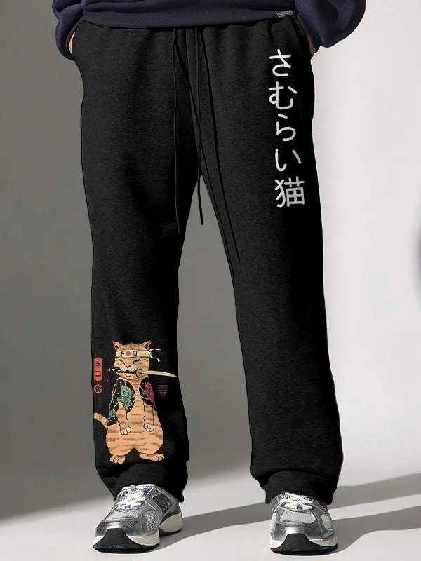 Men's Japanese Sushi Samurai Cat Print Casual Cotton Pants