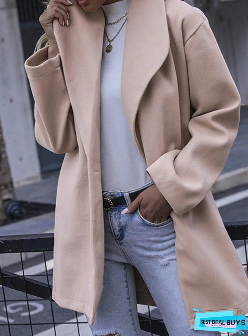 Solid Color Double Pocket Loose Woolen Coat