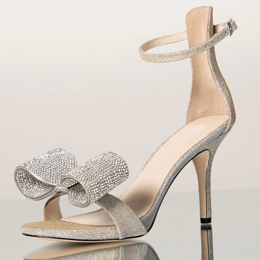 Silver Rhinestone Embellished Bow Ankle Strap Glittery Heels for Women Nicepairs