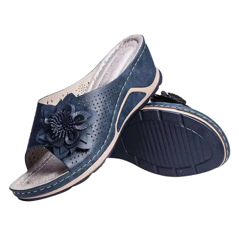 Yyvonne Summer New Slope With Flower Fish Mouth Large-Size Slippers Car Sewing Hollow Women's Leisure Cold Slippers