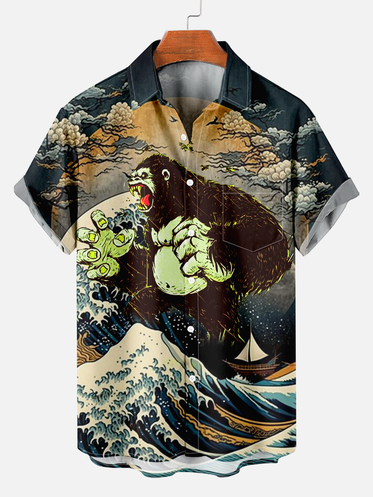 Men's Japanese Ocean Landscape Vintage Monster Print Shirt PLUSCLOTHESMAN